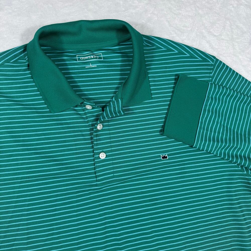 Crown & Ivy Men's L Striped Long Sleeve‎ Pique Performance Polo Shirt Green Blue